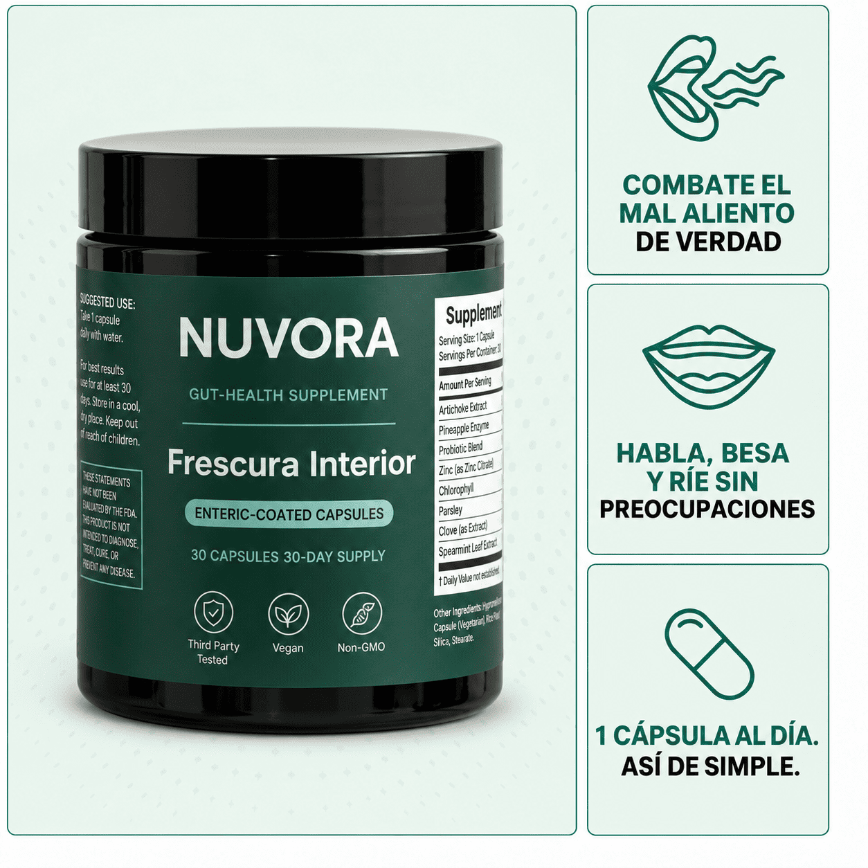 NUVORA – Fórmula para el aliento de tres fuentes (intestino · boca · hígado)