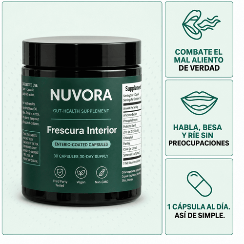 NUVORA – Fórmula para el aliento de tres fuentes (intestino · boca · hígado)
