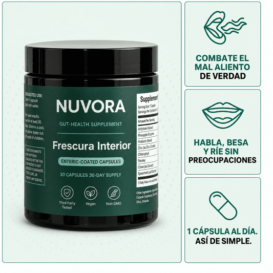 NUVORA – Fórmula para el aliento de tres fuentes (intestino · boca · hígado)